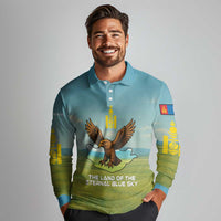 Mongolia Long Sleeve Polo Shirt with Eagle Map Eternal Blue Sky Steppe Spirit