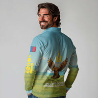 Mongolia Long Sleeve Polo Shirt with Eagle Map Eternal Blue Sky Steppe Spirit