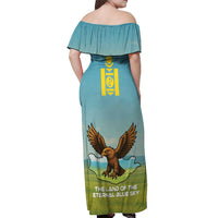 Mongolia Off Shoulder Maxi Dress with Eagle Map Eternal Blue Sky Steppe Spirit