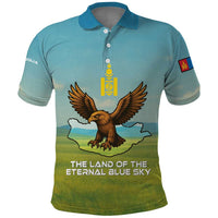 Mongolia Polo Shirt with Eagle Map Eternal Blue Sky Steppe Spirit