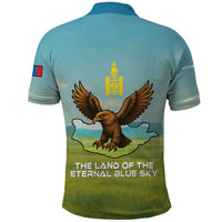Mongolia Polo Shirt with Eagle Map Eternal Blue Sky Steppe Spirit