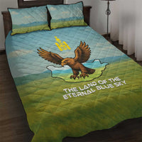 Mongolia Quilt Bed Set with Eagle Map Eternal Blue Sky Steppe Spirit