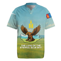 Mongolia Rugby Jersey with Eagle Map Eternal Blue Sky Steppe Spirit