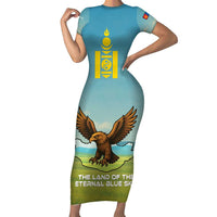 Mongolia Short Sleeve Bodycon Dress with Eagle Map Eternal Blue Sky Steppe Spirit