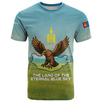 Mongolia T Shirt with Eagle Map Eternal Blue Sky Steppe Spirit