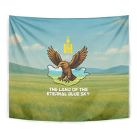 Mongolia Tapestry with Eagle Map Eternal Blue Sky Steppe Spirit