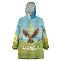 Mongolia Wearable Blanket Hoodie with Eagle Map Eternal Blue Sky Steppe Spirit