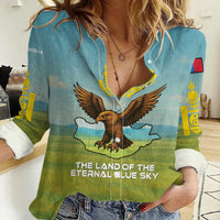 Mongolia Women Casual Shirt with Eagle Map Eternal Blue Sky Steppe Spirit