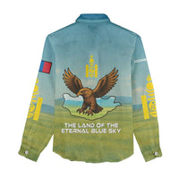 Mongolia Women Casual Shirt with Eagle Map Eternal Blue Sky Steppe Spirit