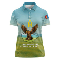 Mongolia Women Polo Shirt with Eagle Map Eternal Blue Sky Steppe Spirit