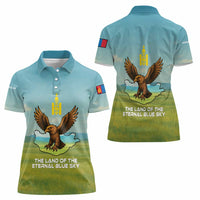 Mongolia Women Polo Shirt with Eagle Map Eternal Blue Sky Steppe Spirit