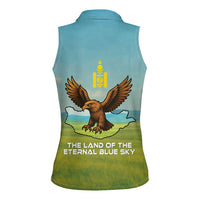 Mongolia Women Sleeveless Polo Shirt with Eagle Map Eternal Blue Sky Steppe Spirit