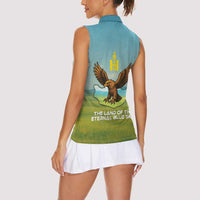 Mongolia Women Sleeveless Polo Shirt with Eagle Map Eternal Blue Sky Steppe Spirit