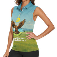 Mongolia Women Sleeveless Polo Shirt with Eagle Map Eternal Blue Sky Steppe Spirit