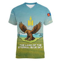 Mongolia Women V-Neck T-Shirt with Eagle Map Eternal Blue Sky Steppe Spirit