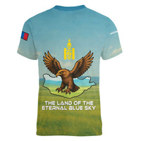 Mongolia Women V-Neck T-Shirt with Eagle Map Eternal Blue Sky Steppe Spirit