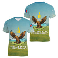 Mongolia Women V-Neck T-Shirt with Eagle Map Eternal Blue Sky Steppe Spirit