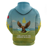 Mongolia Zip Hoodie with Eagle Map Eternal Blue Sky Steppe Spirit
