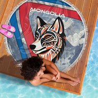 Mongolia Beach Blanket with Tribal Wolf Clouds Red Blue Flag Spirit