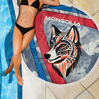 Mongolia Beach Blanket with Tribal Wolf Clouds Red Blue Flag Spirit