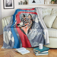 Mongolia Blanket with Tribal Wolf Clouds Red Blue Flag Spirit