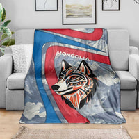 Mongolia Blanket with Tribal Wolf Clouds Red Blue Flag Spirit