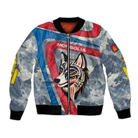 Mongolia Bomber Jacket with Tribal Wolf Clouds Red Blue Flag Spirit