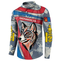 Mongolia Button Sweatshirt with Tribal Wolf Clouds Red Blue Flag Spirit