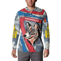 Mongolia Button Sweatshirt with Tribal Wolf Clouds Red Blue Flag Spirit