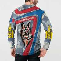 Mongolia Button Sweatshirt with Tribal Wolf Clouds Red Blue Flag Spirit