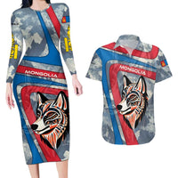 Mongolia Couples Matching Long Sleeve Bodycon Dress and Hawaiian Shirt with Tribal Wolf Clouds Red Blue Flag Spirit