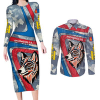 Mongolia Couples Matching Long Sleeve Bodycon Dress and Long Sleeve Button Shirt with Tribal Wolf Clouds Red Blue Flag Spirit