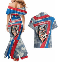 Mongolia Couples Matching Mermaid Dress and Hawaiian Shirt with Tribal Wolf Clouds Red Blue Flag Spirit