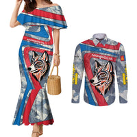 Mongolia Couples Matching Mermaid Dress and Long Sleeve Button Shirt with Tribal Wolf Clouds Red Blue Flag Spirit