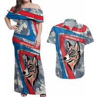 Mongolia Couples Matching Off Shoulder Maxi Dress and Hawaiian Shirt with Tribal Wolf Clouds Red Blue Flag Spirit