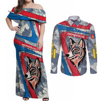 Mongolia Couples Matching Off Shoulder Maxi Dress and Long Sleeve Button Shirt with Tribal Wolf Clouds Red Blue Flag Spirit