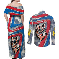 Mongolia Couples Matching Off Shoulder Maxi Dress and Long Sleeve Button Shirt with Tribal Wolf Clouds Red Blue Flag Spirit