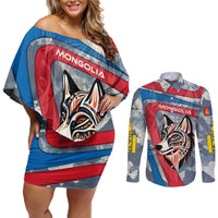 Mongolia Couples Matching Off Shoulder Short Dress and Long Sleeve Button Shirt with Tribal Wolf Clouds Red Blue Flag Spirit