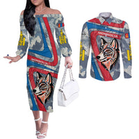 Mongolia Couples Matching Off The Shoulder Long Sleeve Dress and Long Sleeve Button Shirt with Tribal Wolf Clouds Red Blue Flag Spirit