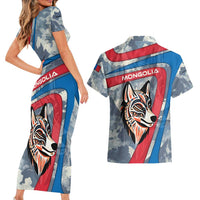 Mongolia Couples Matching Short Sleeve Bodycon Dress and Hawaiian Shirt with Tribal Wolf Clouds Red Blue Flag Spirit