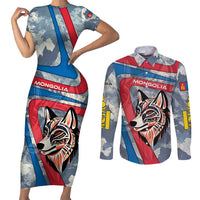 Mongolia Couples Matching Short Sleeve Bodycon Dress and Long Sleeve Button Shirt with Tribal Wolf Clouds Red Blue Flag Spirit