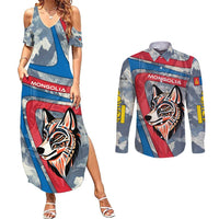 Mongolia Couples Matching Summer Maxi Dress and Long Sleeve Button Shirt with Tribal Wolf Clouds Red Blue Flag Spirit