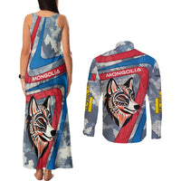 Mongolia Couples Matching Tank Maxi Dress and Long Sleeve Button Shirt with Tribal Wolf Clouds Red Blue Flag Spirit