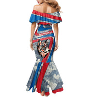 Mongolia Family Matching Mermaid Dress and Hawaiian Shirt with Tribal Wolf Clouds Red Blue Flag Spirit