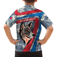 Mongolia Family Matching Off The Shoulder Long Sleeve Dress and Hawaiian Shirt with Tribal Wolf Clouds Red Blue Flag Spirit