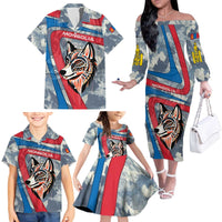 Mongolia Family Matching Off The Shoulder Long Sleeve Dress and Hawaiian Shirt with Tribal Wolf Clouds Red Blue Flag Spirit