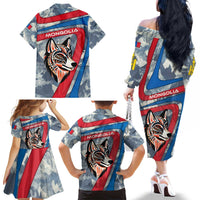Mongolia Family Matching Off The Shoulder Long Sleeve Dress and Hawaiian Shirt with Tribal Wolf Clouds Red Blue Flag Spirit
