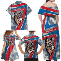 Mongolia Family Matching Off Shoulder Maxi Dress and Hawaiian Shirt with Tribal Wolf Clouds Red Blue Flag Spirit