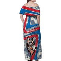 Mongolia Family Matching Off Shoulder Maxi Dress and Hawaiian Shirt with Tribal Wolf Clouds Red Blue Flag Spirit