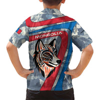 Mongolia Family Matching Short Sleeve Bodycon Dress and Hawaiian Shirt with Tribal Wolf Clouds Red Blue Flag Spirit